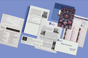 Paperwork related to efforts for restoring the Notre-Dame de Paris Cathedral.