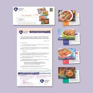 Pamphlets with information on helping feed a hungry neighbor for Thanksgiving, including donation options and meal programs.